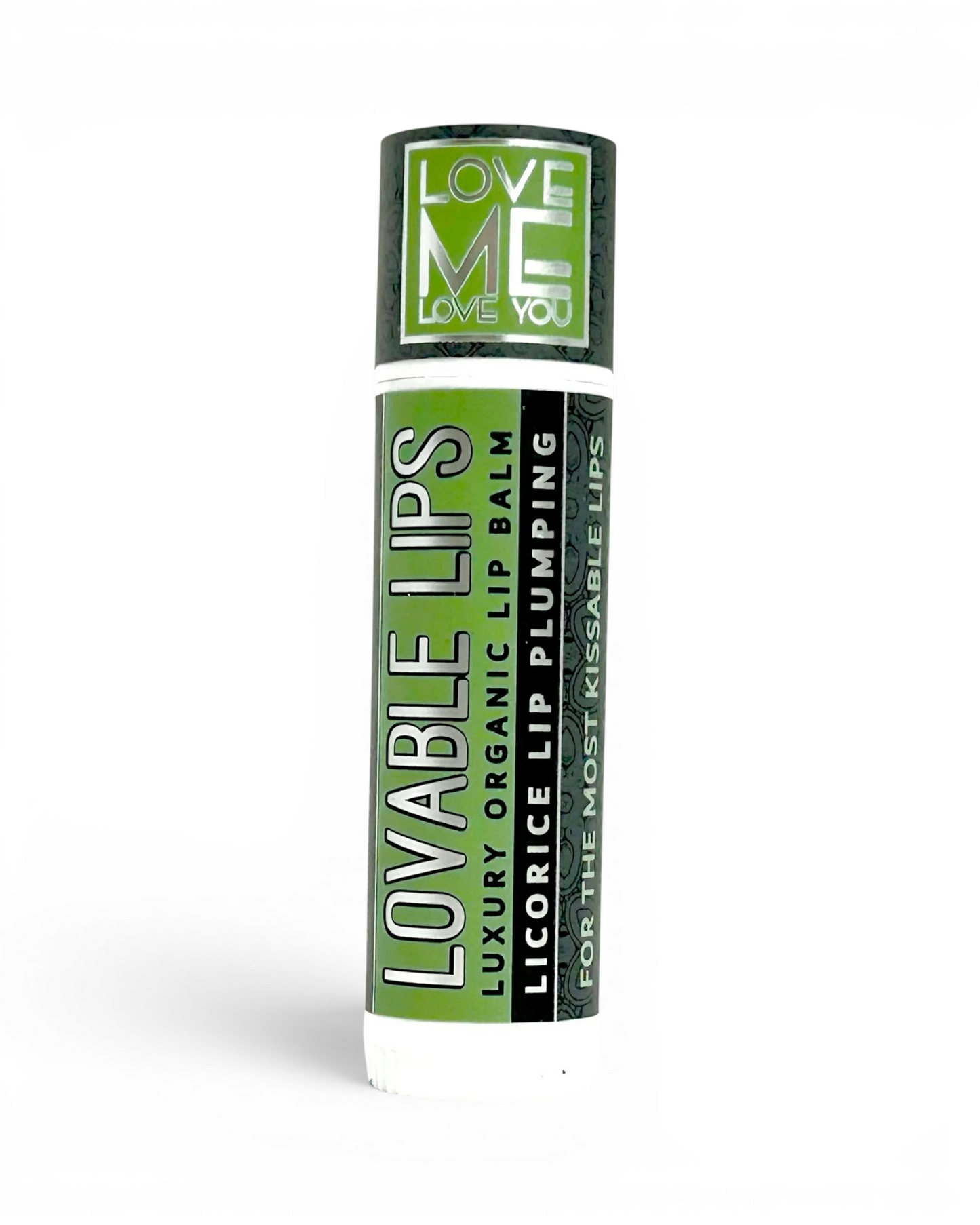Green licorice lip balm tube with LOVE ME label, organic lip balm