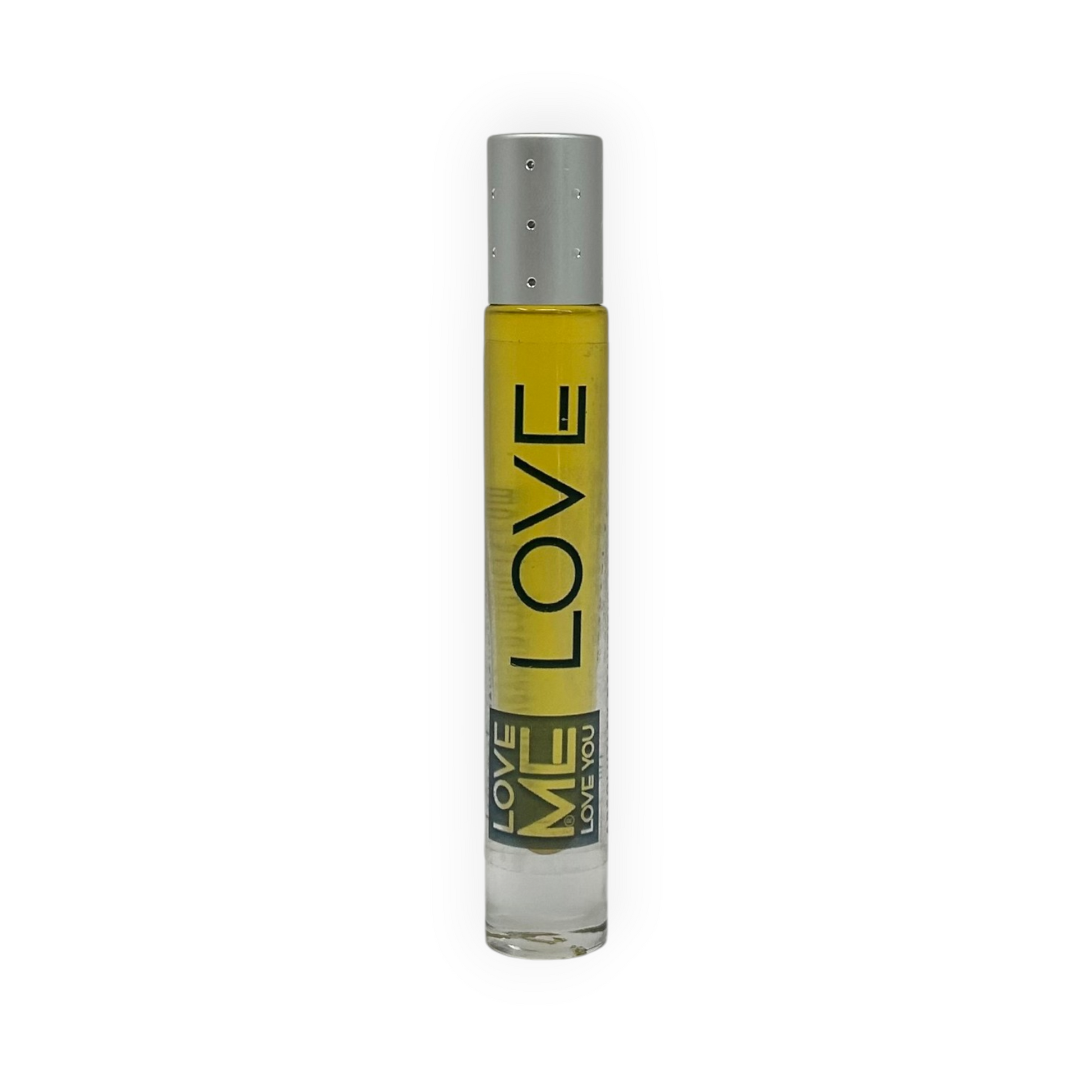 Roll-on body parfum oil in clear glass bottle with yellow liquid and gray cap
