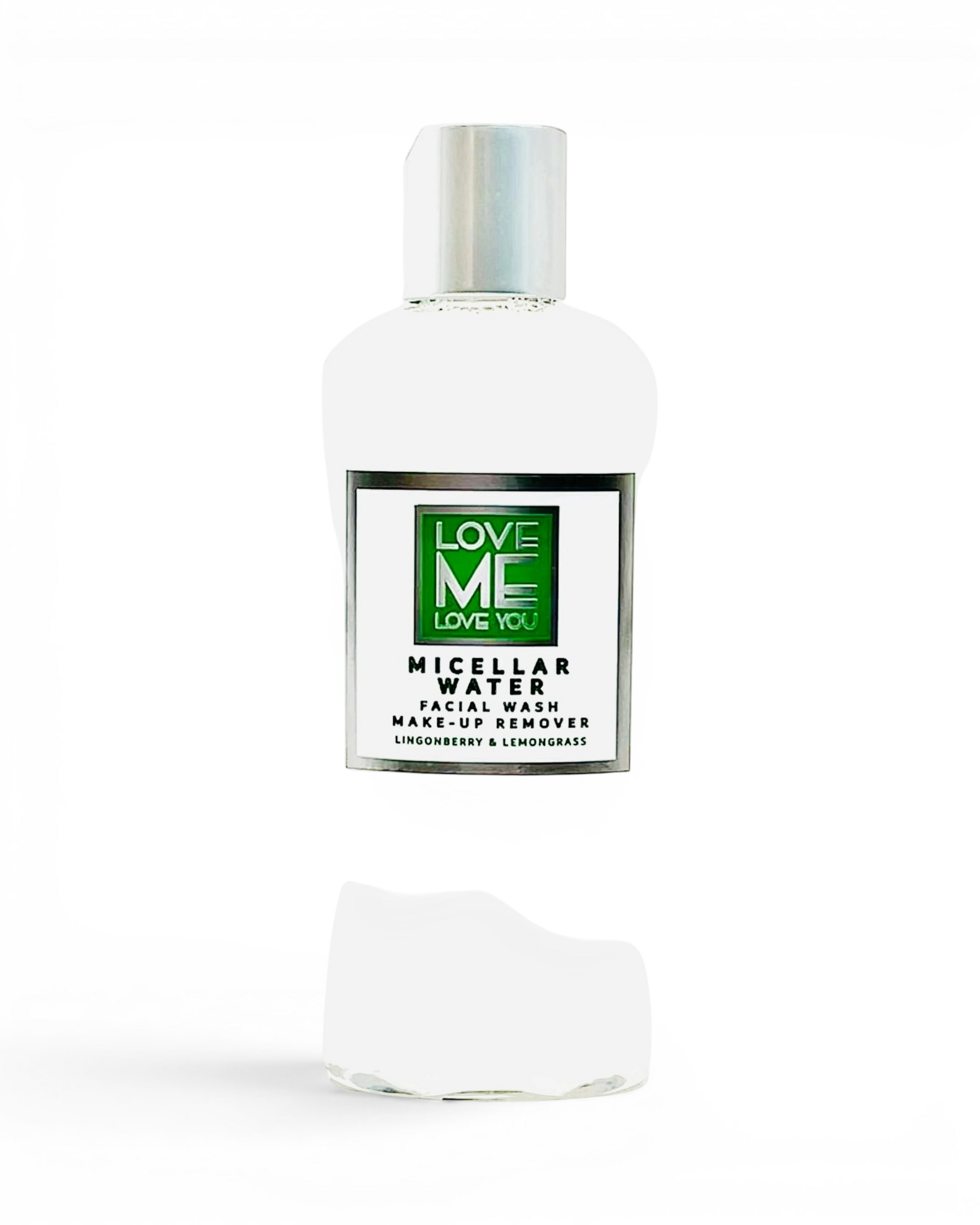 Micellar water bottle with LOVE ME label, clear cap, transparent fluid inside