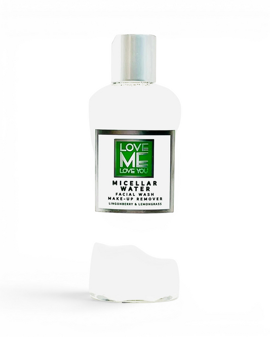 Micellar water bottle with LOVE ME label, clear cap, transparent fluid inside