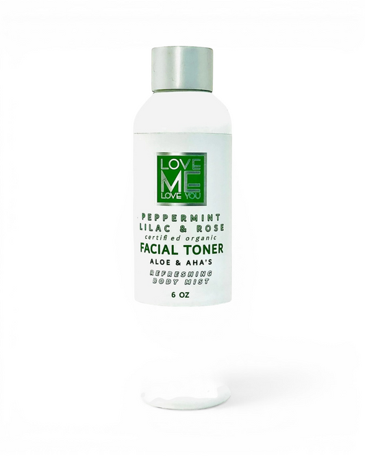 Facial toner bottle with mint-green cap, white bottle with lavender rose label