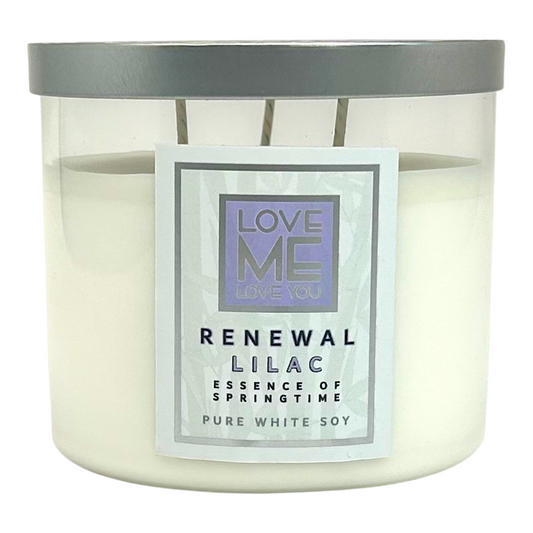 Lilac soy candle in frosted glass jar with gray lid, label 'LOVE ME'