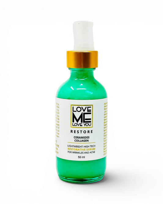 Restore serum bottle with green glass, gold pump top, Love Me You label, 50 ml