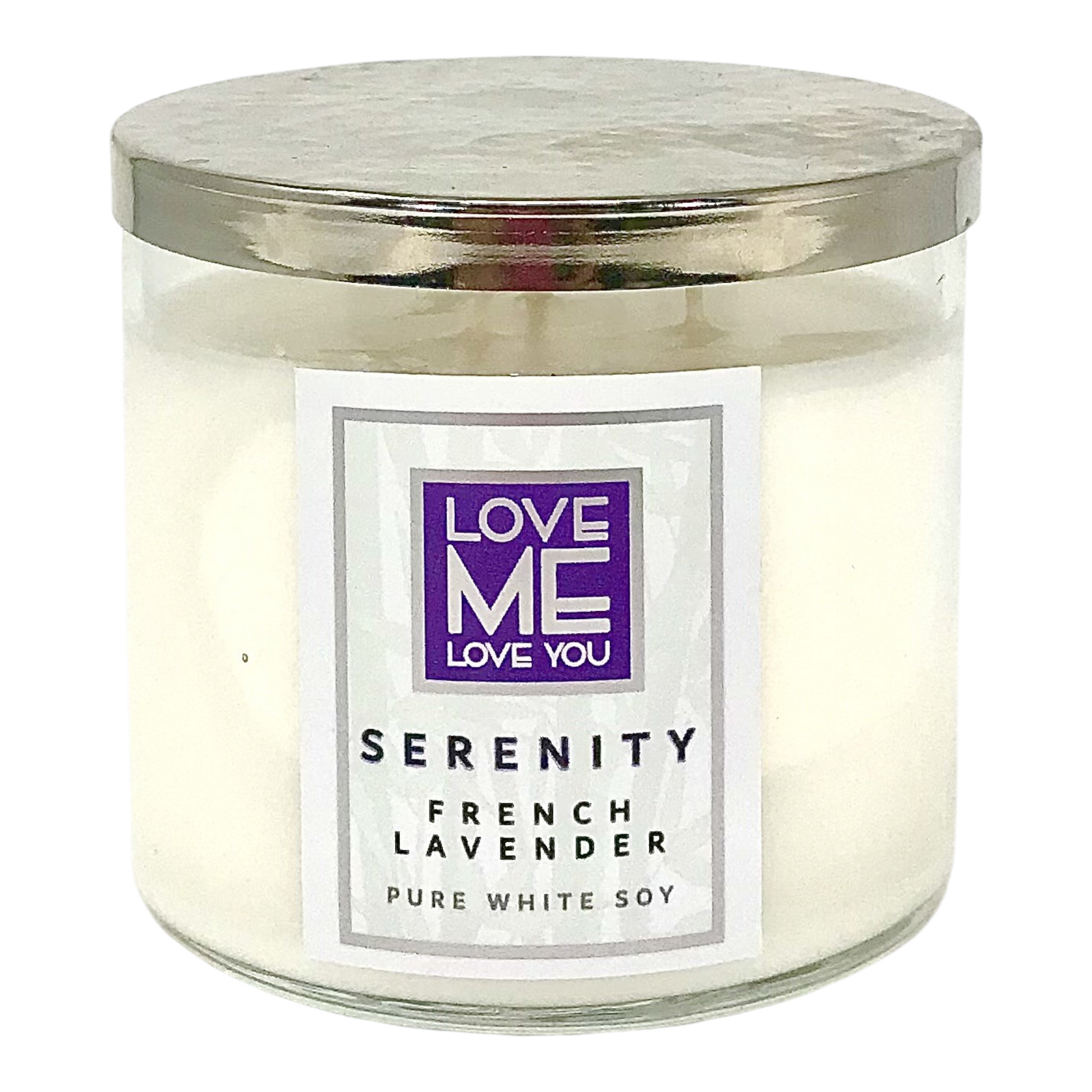 White glass jar soy candle with silver lid and Serenity French Lavender label