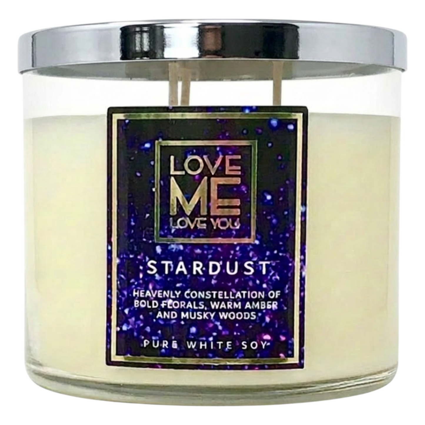 STARDUST pure white soy candle in clear glass jar with dark blue Love Me label