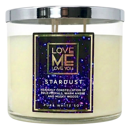 STARDUST pure white soy candle in clear glass jar with dark blue Love Me label