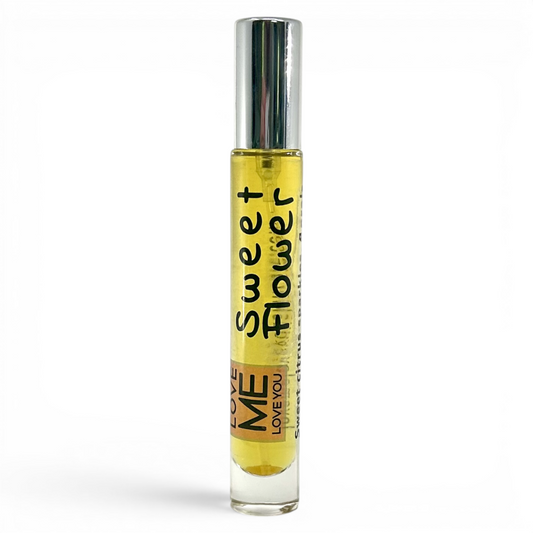 Women’s perfume bottle with gold liquid and metallic silver spray cap