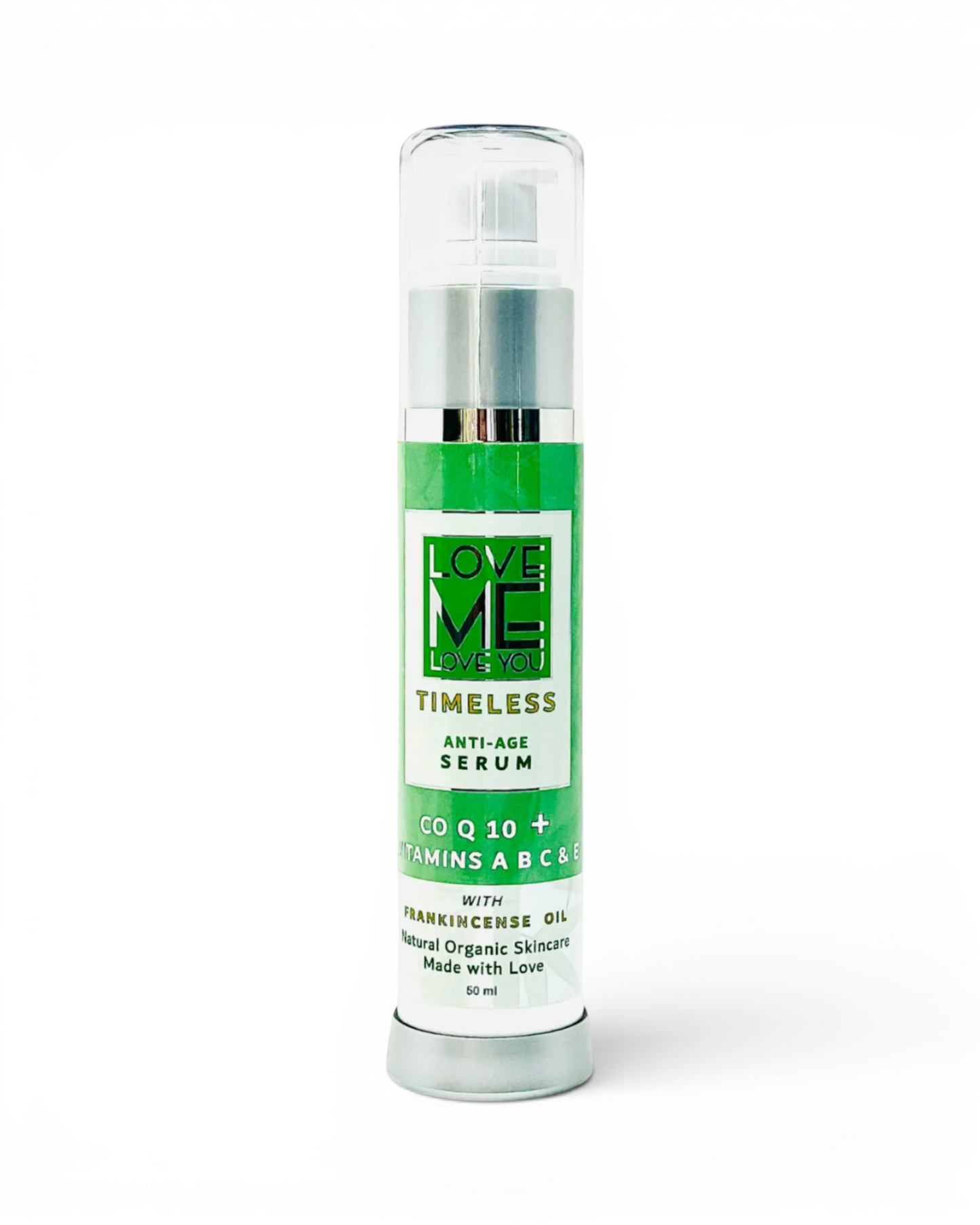 Timeless serum bottle with clear pump and green label
