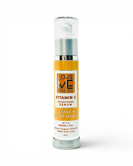 Vitamin C serum bottle with clear pump and amber label, sealed cap